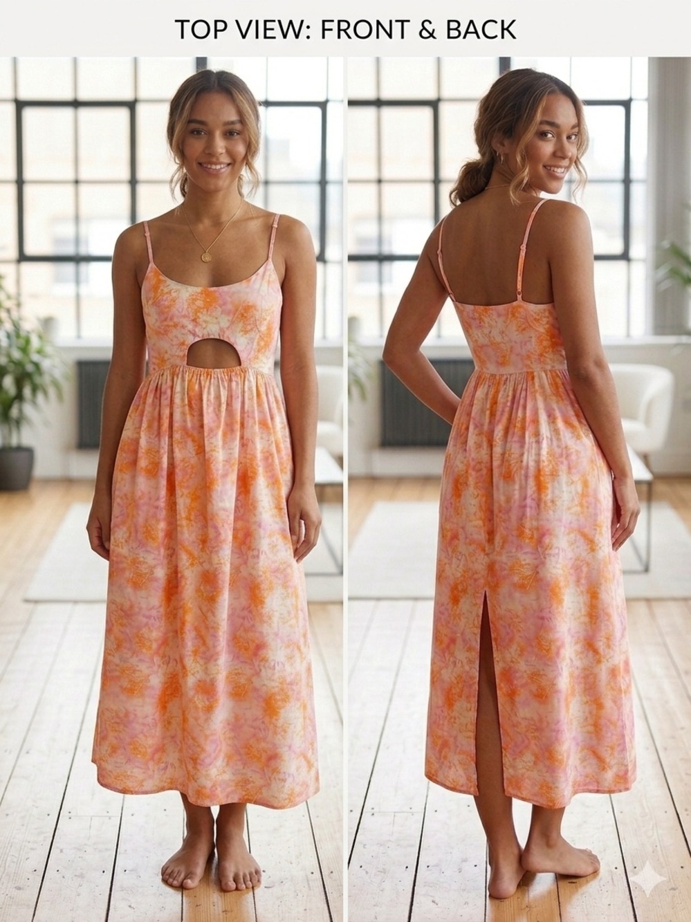 Topshop Peach and Pink Tie-Dye Midi Dress with Front Cutout